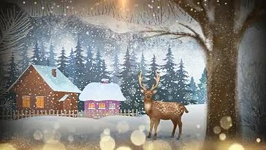 卡通下雪粒子金色背景唯美驯鹿冬季AE模板视频的预览图